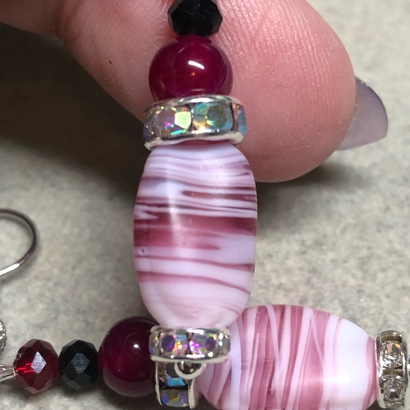Glass and pink agate earrings in silver accents, burgundy hues - Picture 9 of 9